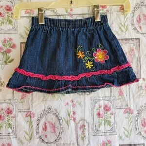 Vintage Girls Denim Skirt Toddler Size 2T Embroidered‎ Flowers Pink Ruffle Hem